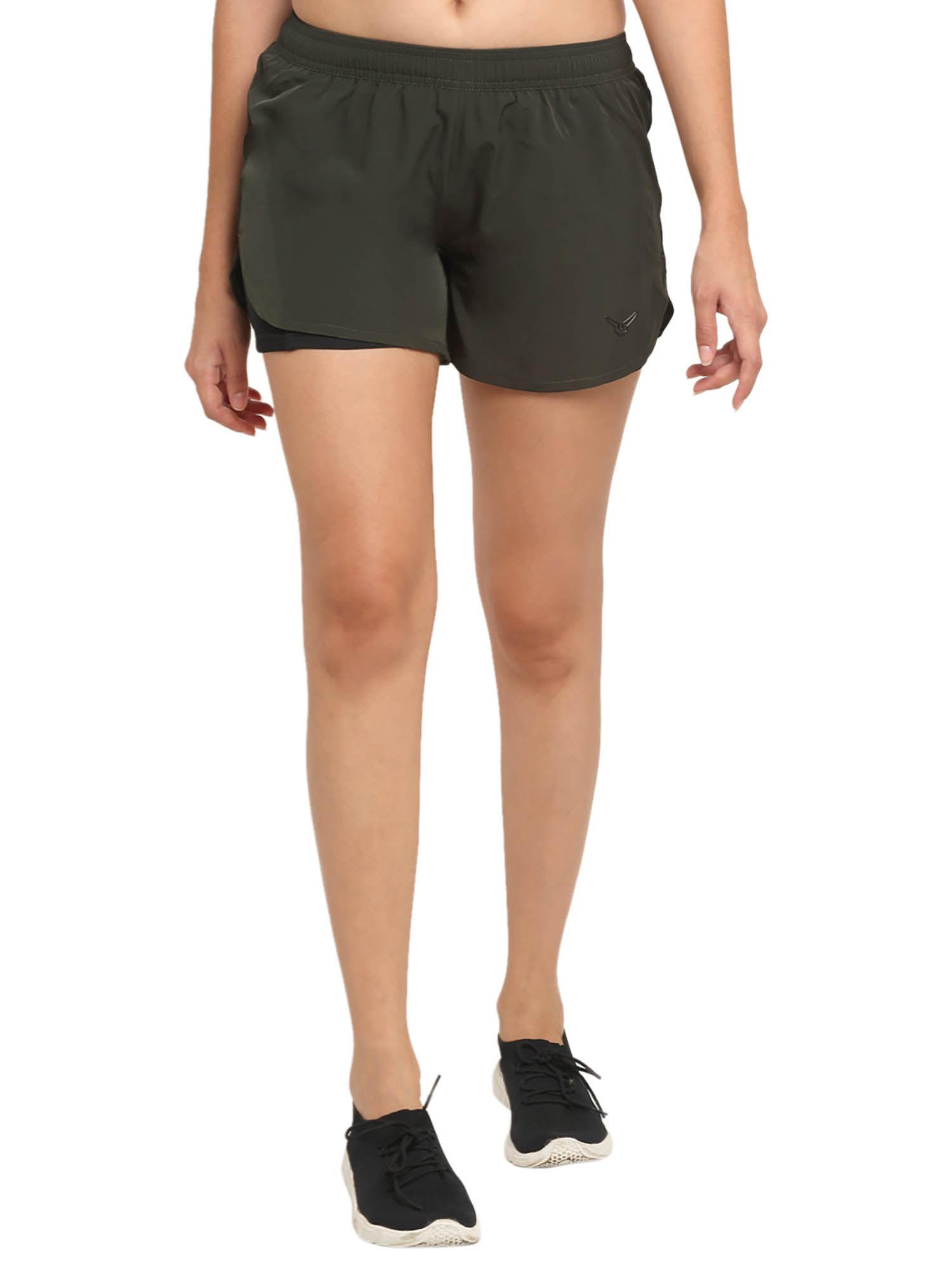 olive black women double layered shorts