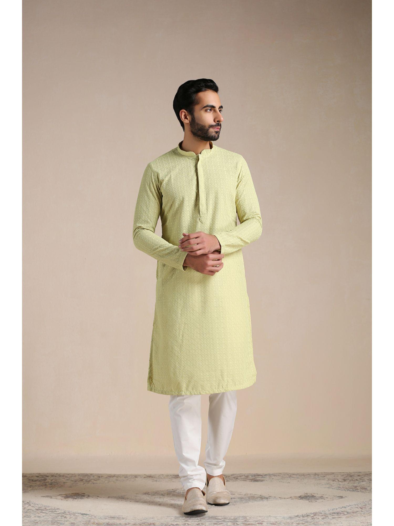 olive blended cotton embroidery kurta with pencil pajama (set of 2)