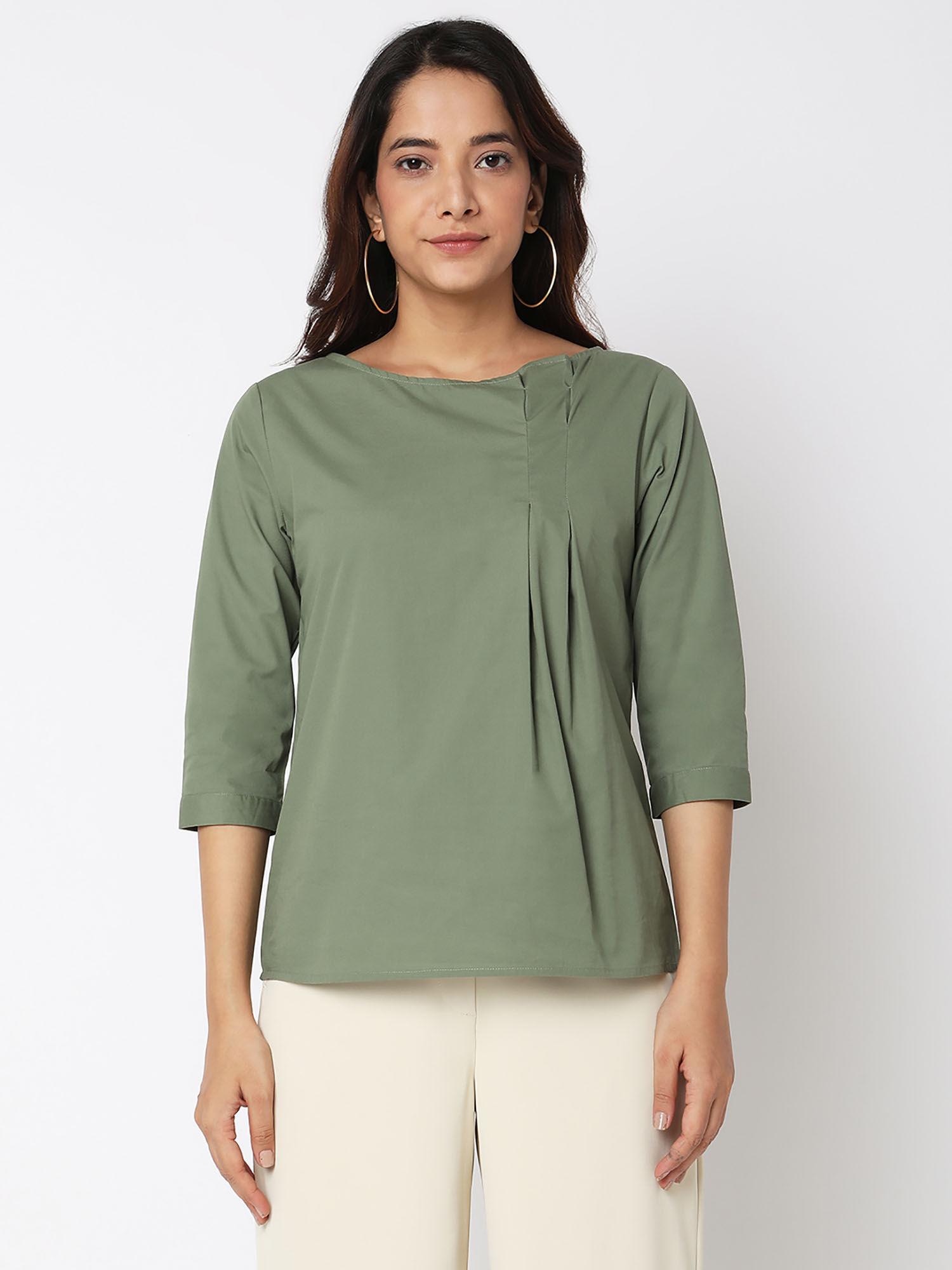 olive boat neck pleated top