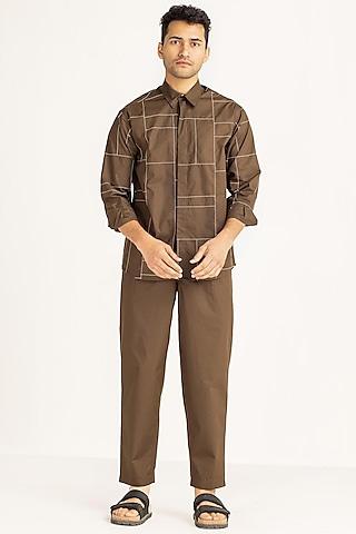 olive brown grid embroidered shirt