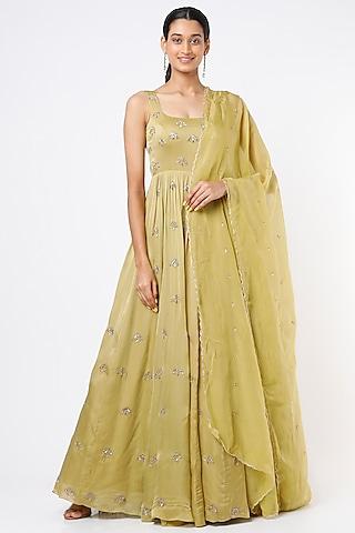 olive butta embroidered anarkali set