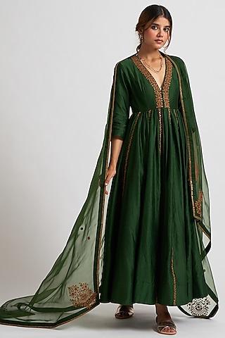 olive chanderi anarkali set