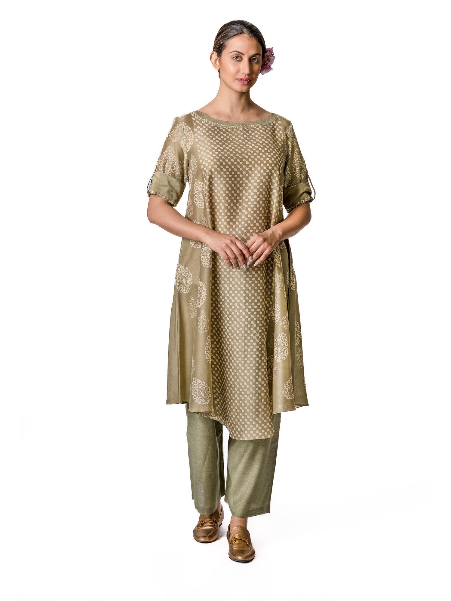 olive chanderi tunic with floral block printed motifs