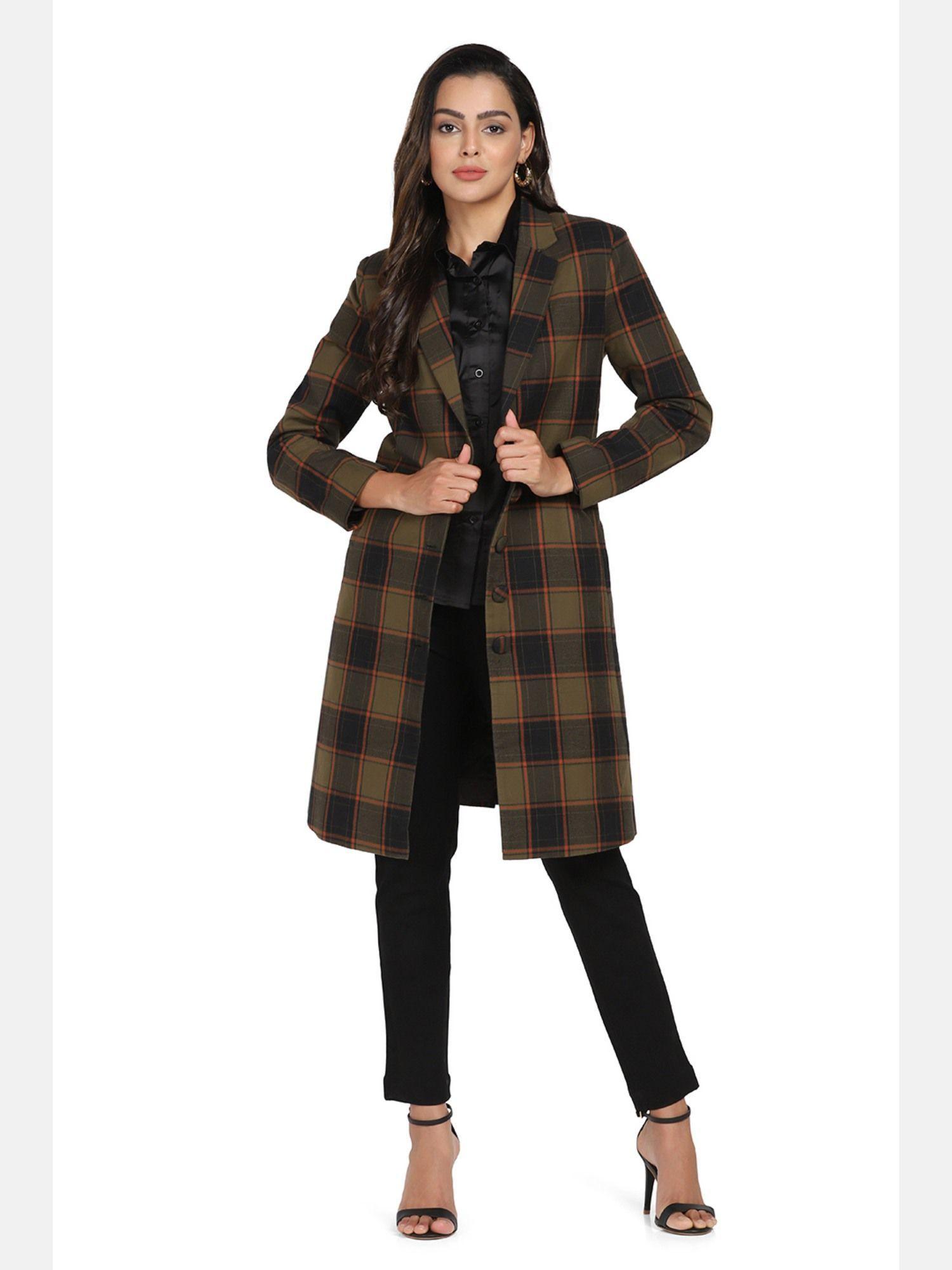 olive checkered tweed coat