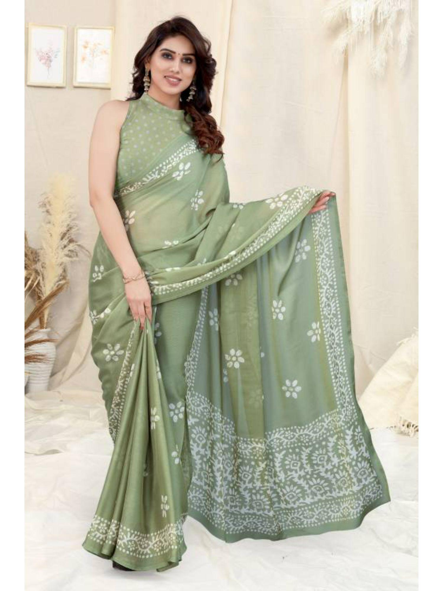 olive chiffon printed saree & mono banglory with unstitched blouse