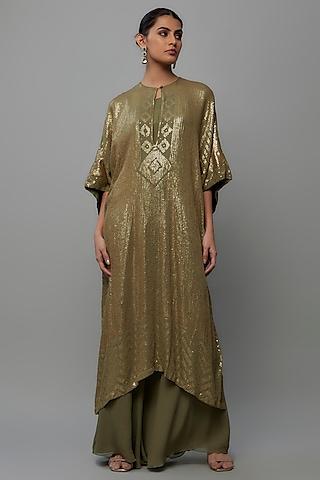 olive chiffon sequins embroidered kaftan set