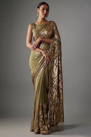 olive chiffon sequins embroidered saree set