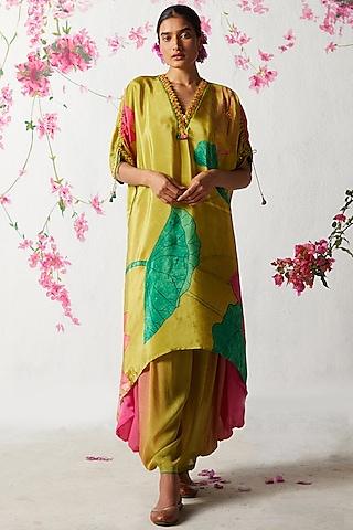 olive chinon chiffon asymmetric kurta set