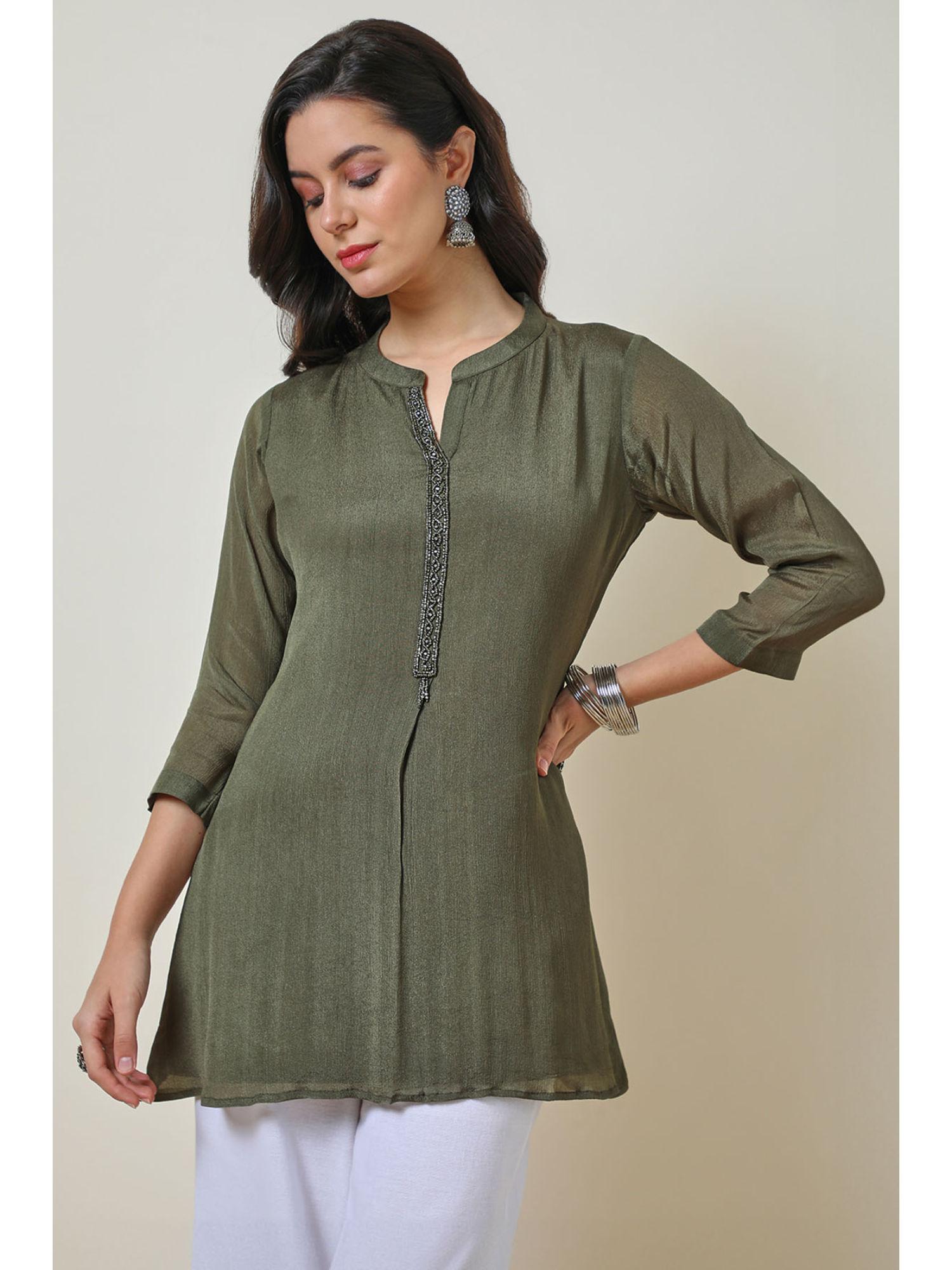 olive chinon yoke design tunic with cutdana