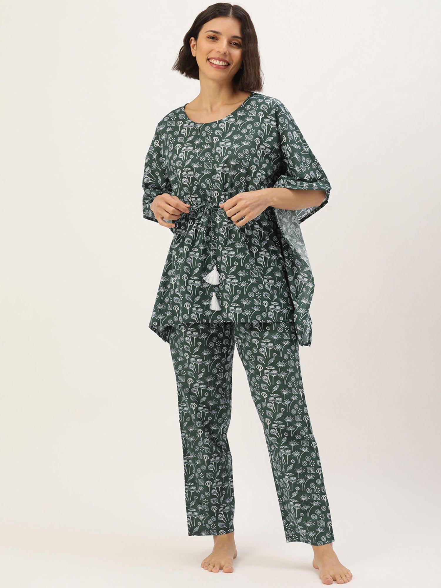 olive color printed women pure cotton kaftan & pyjama night suit (set of 2)