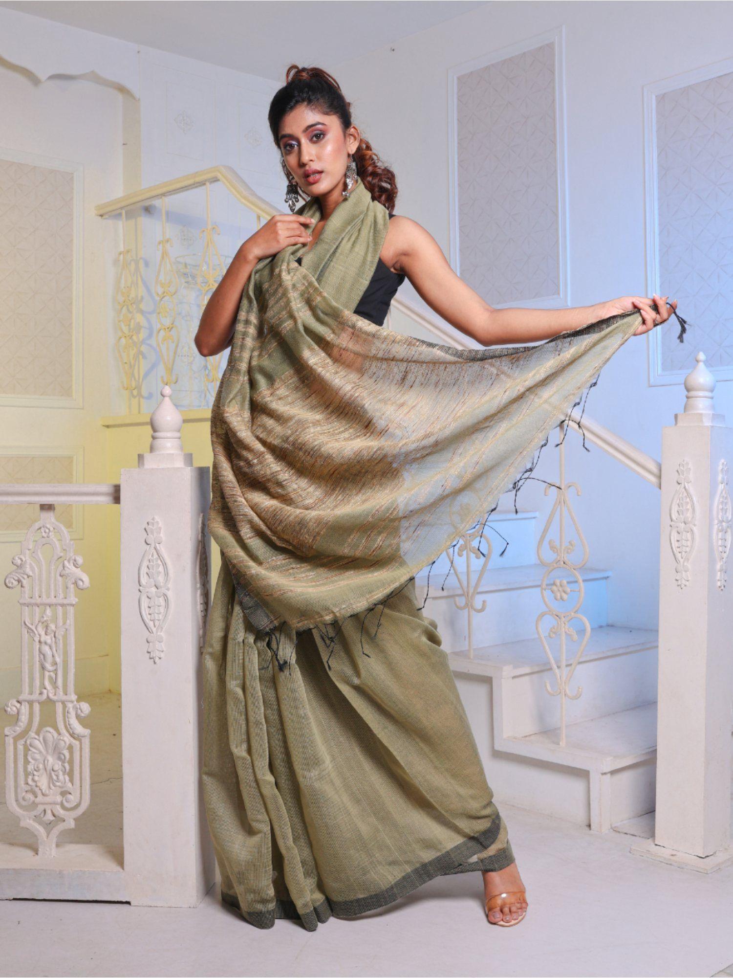 olive cotton blend handwoven saree with unstitched blouse