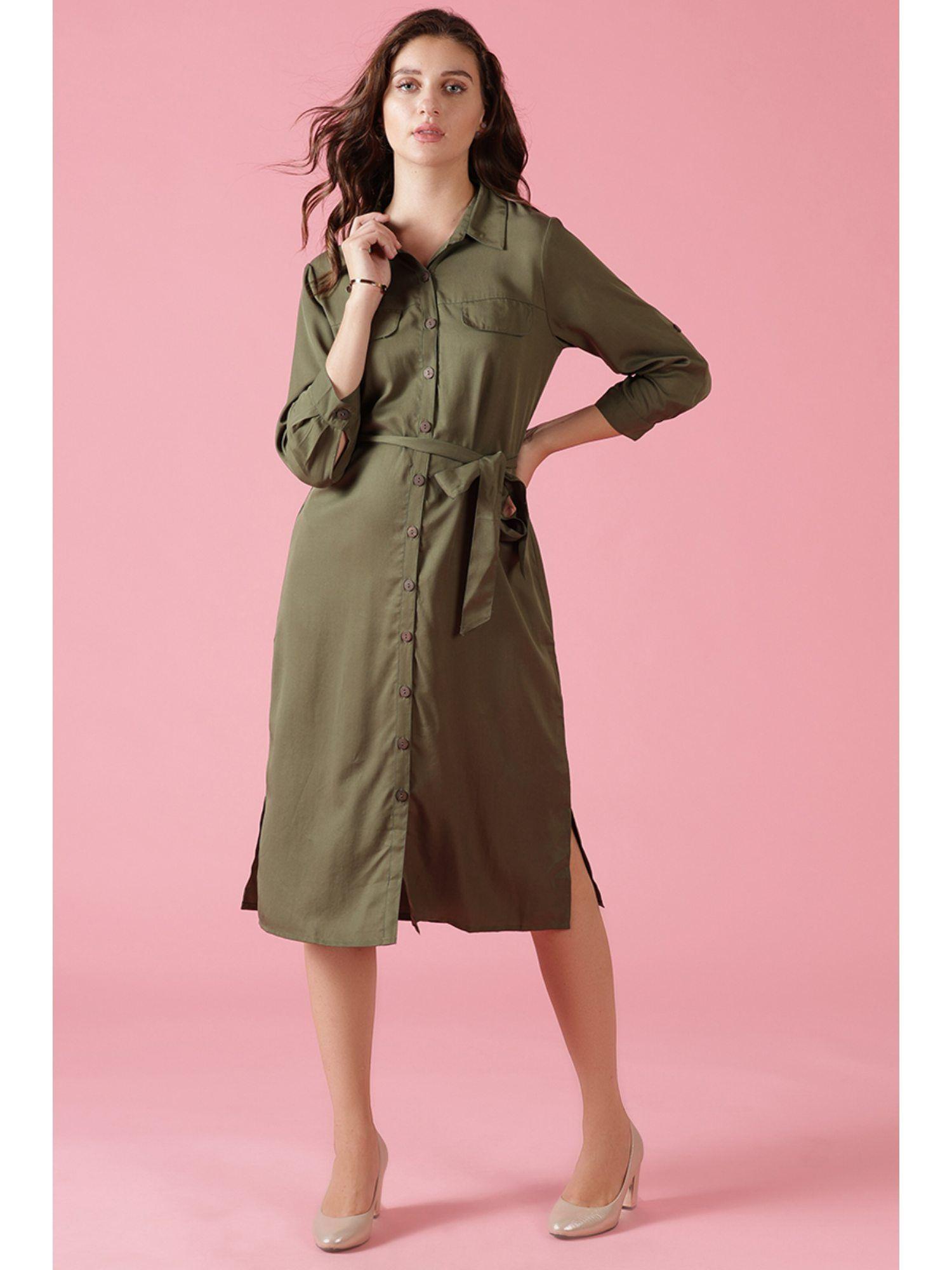 olive cotton dress with belt