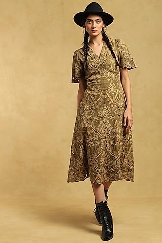 olive cotton embroidered midi dress