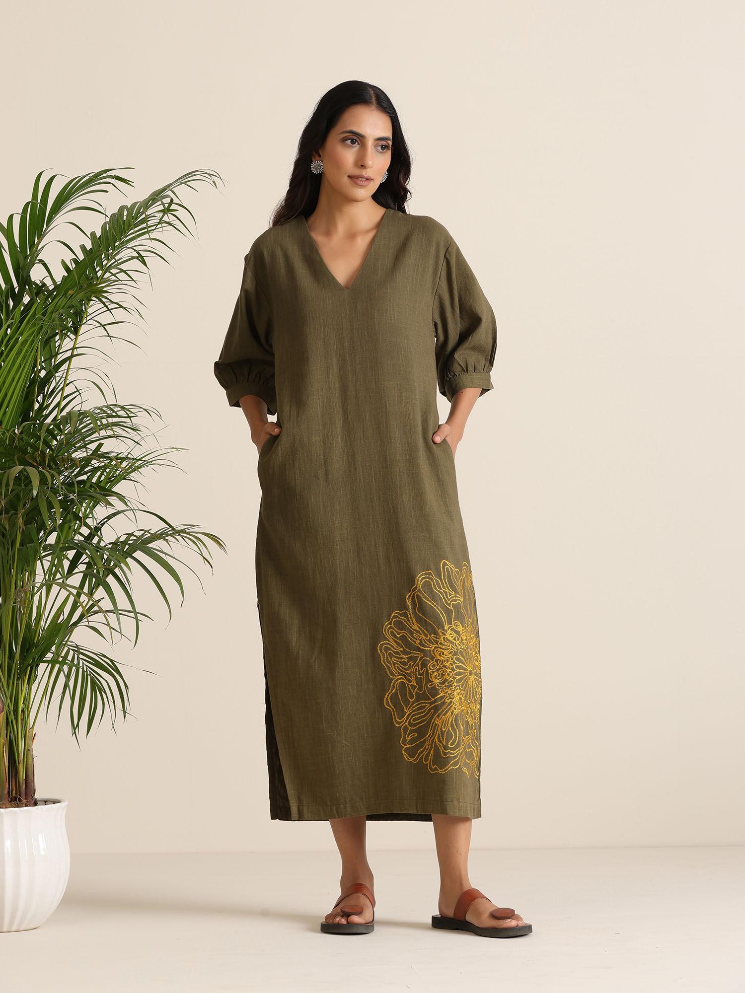 olive cotton embroidered relaxed midi dress