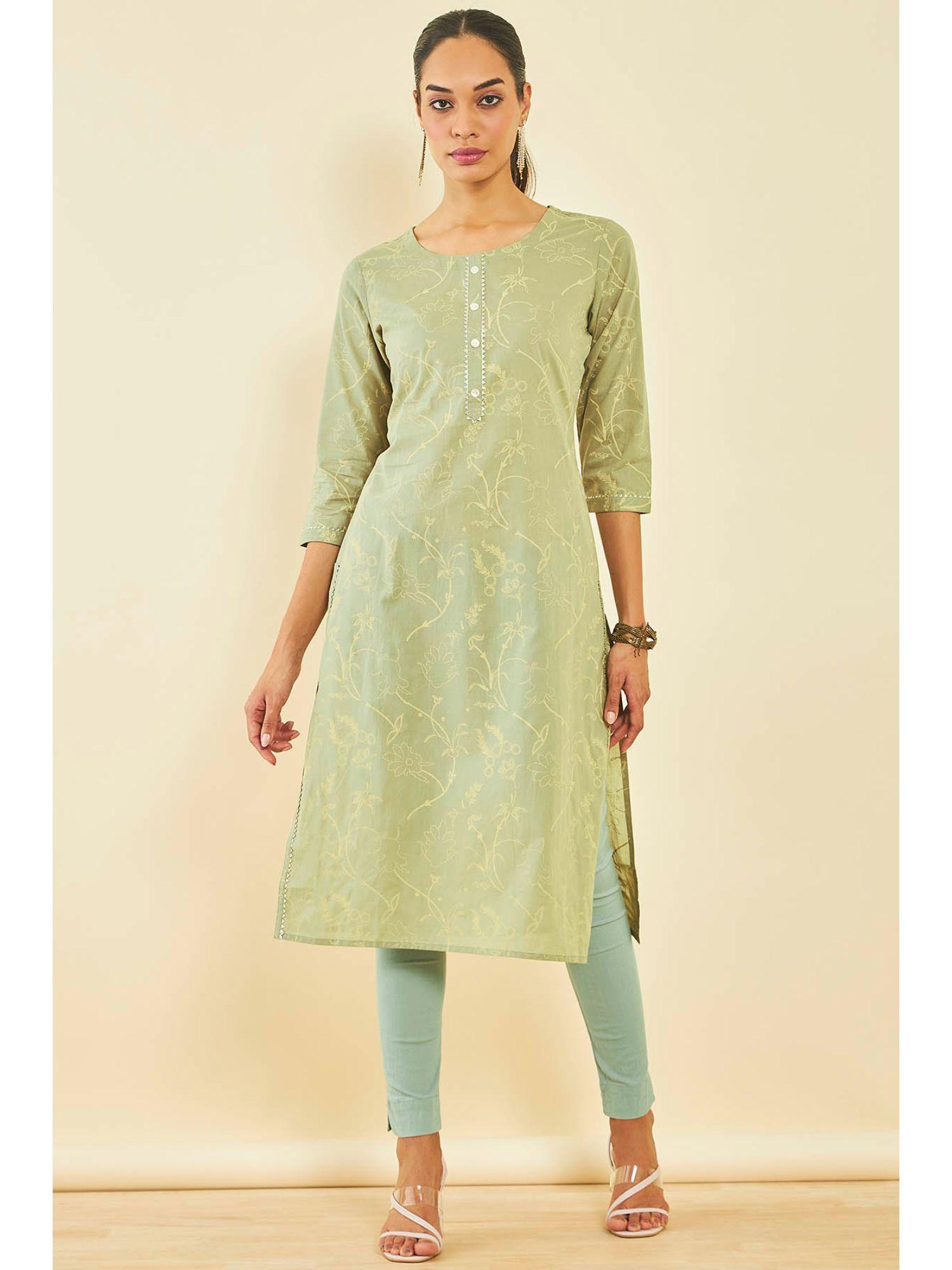 olive cotton floral print kurta