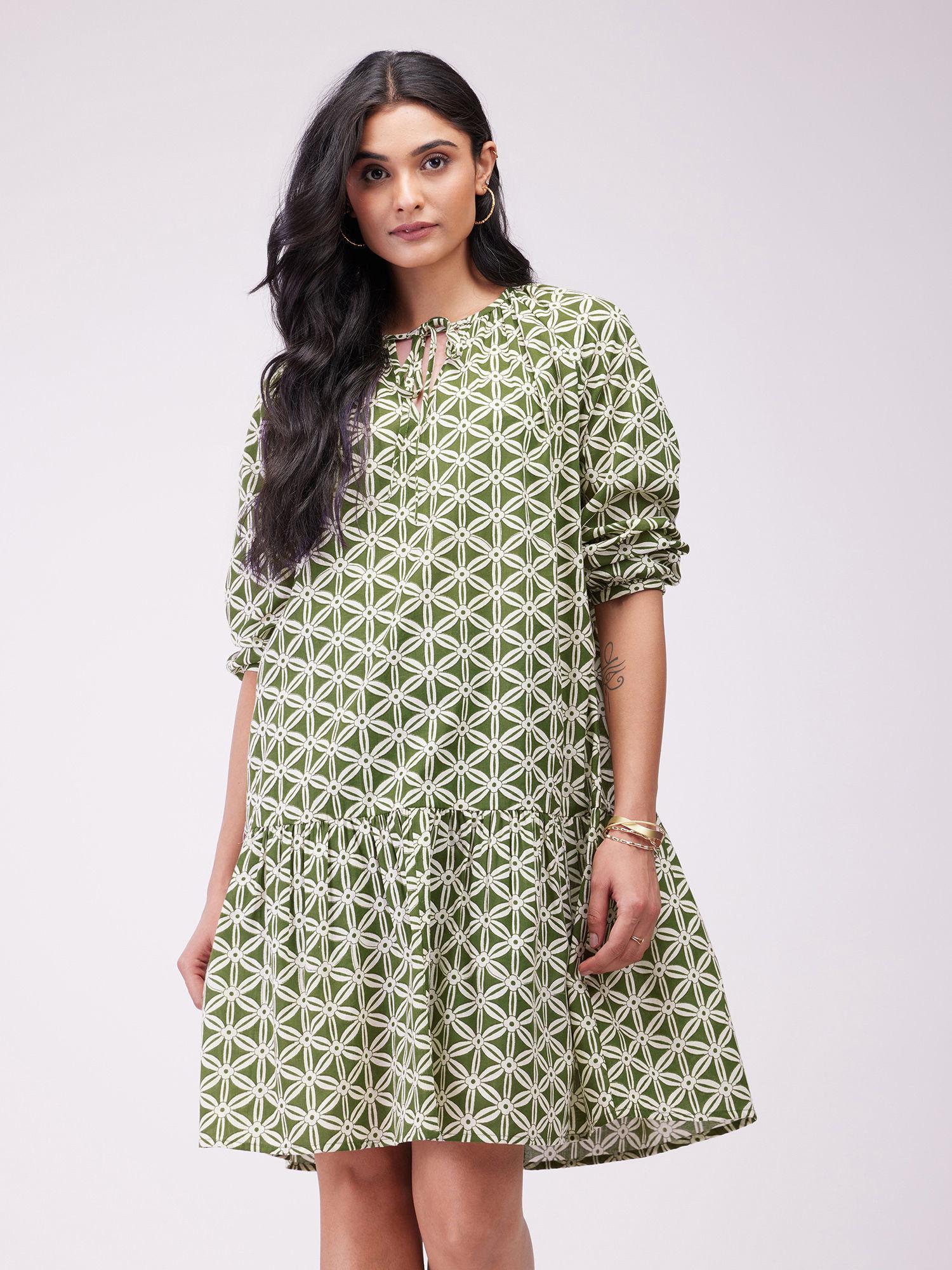 olive cotton geometric tie-up dress