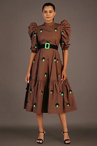 olive cotton knee-length dress with belt