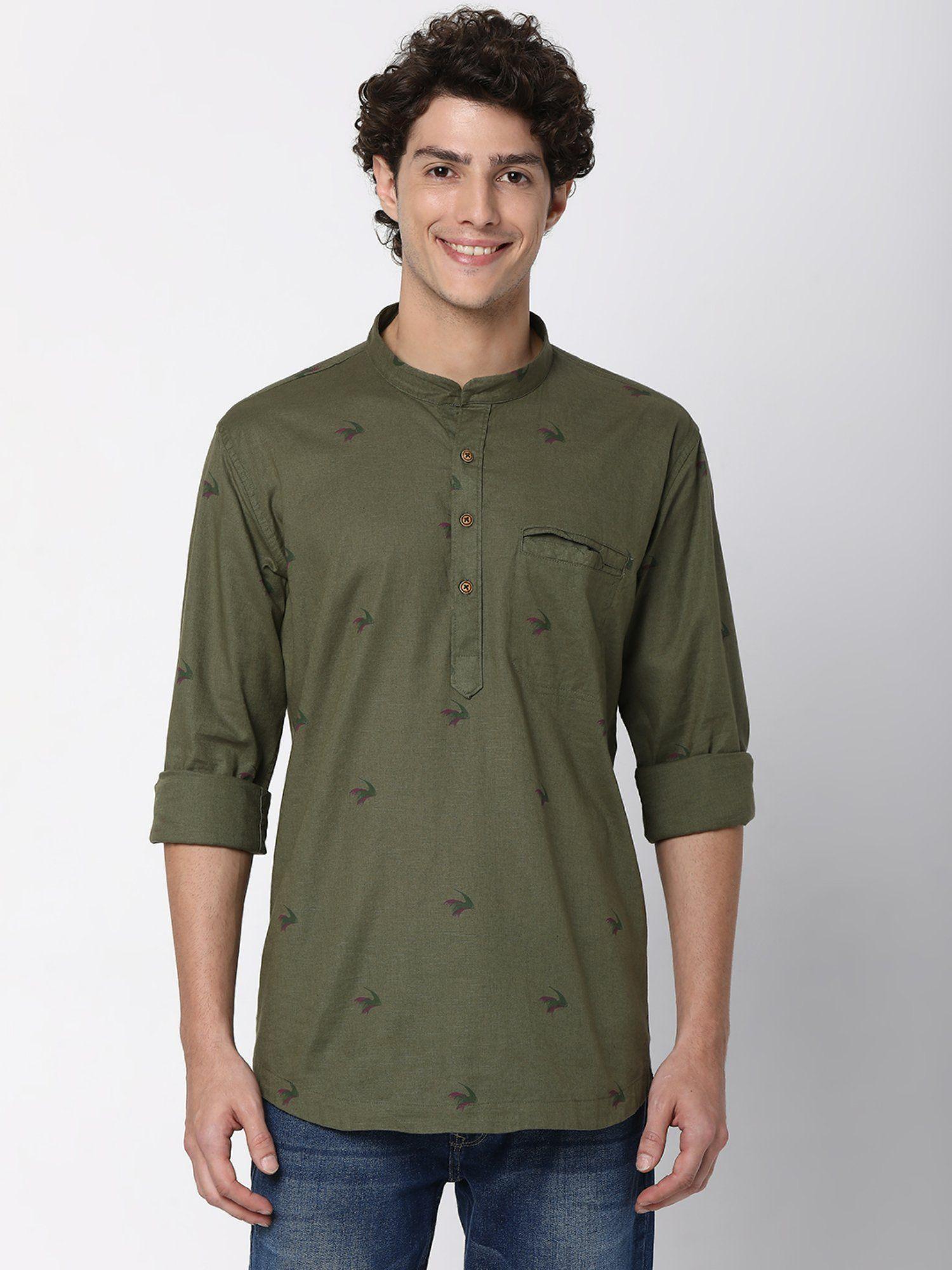 olive cotton linen full sleeve printed kurta for men