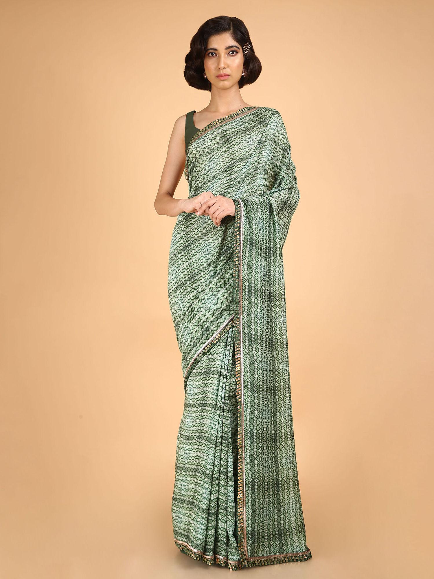 olive cotton silk printed saree with blouse piece