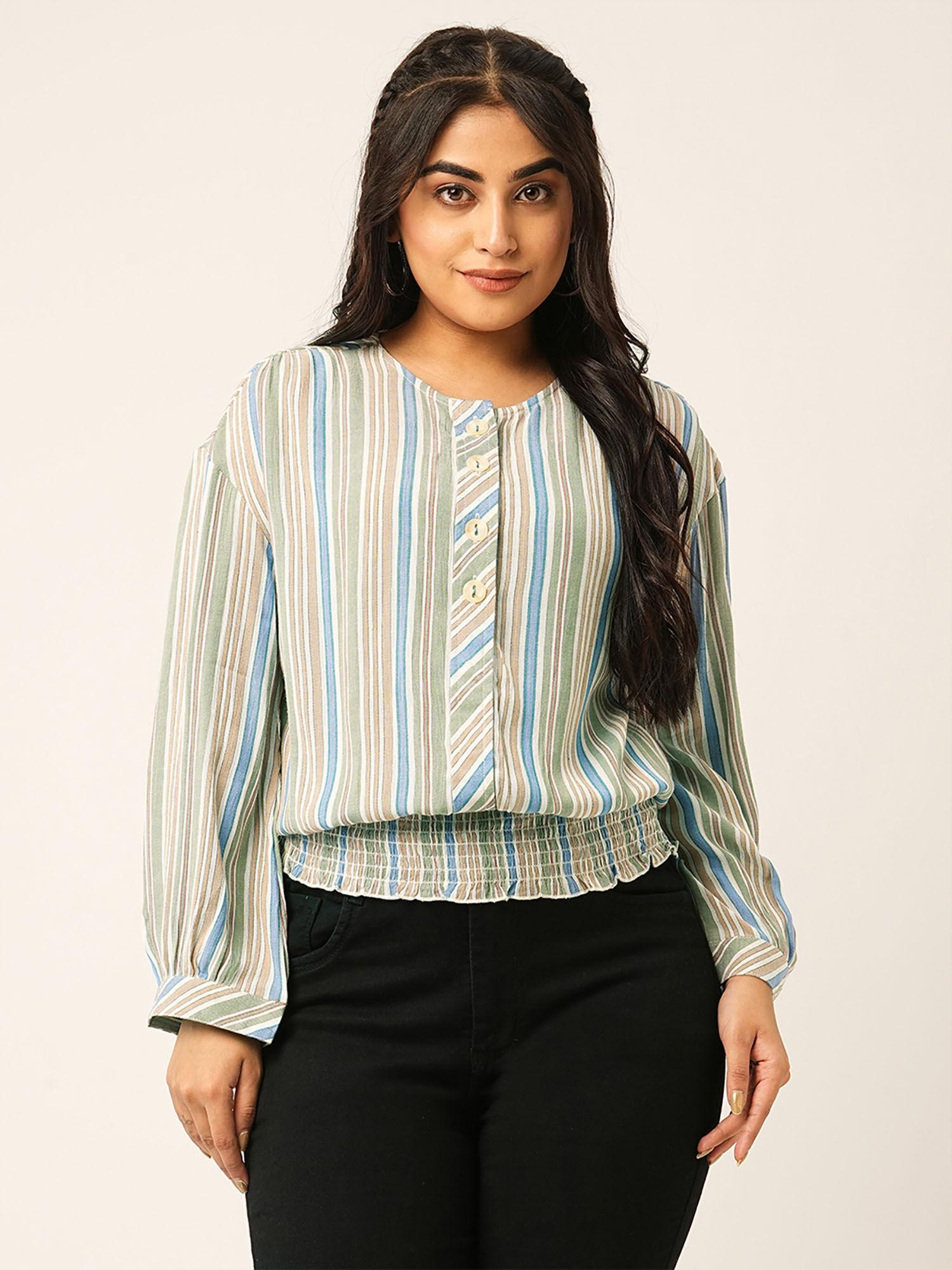 olive cotton striped top for women