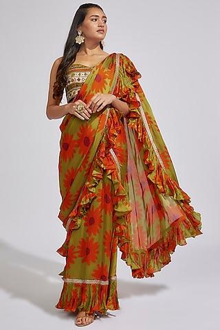 olive crepe satin printed & embroidered frilled saree set