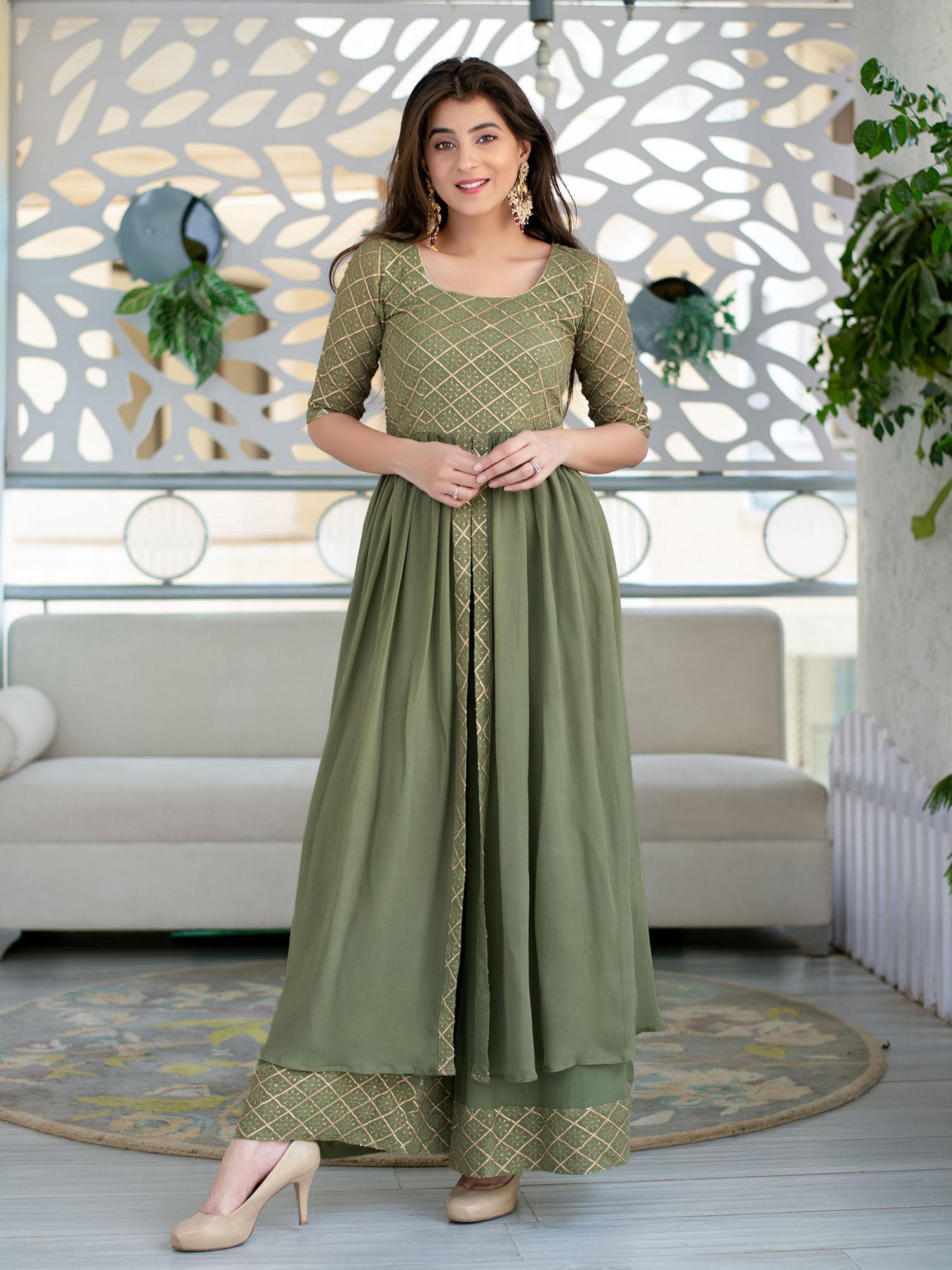 olive criss- cross indo western dress