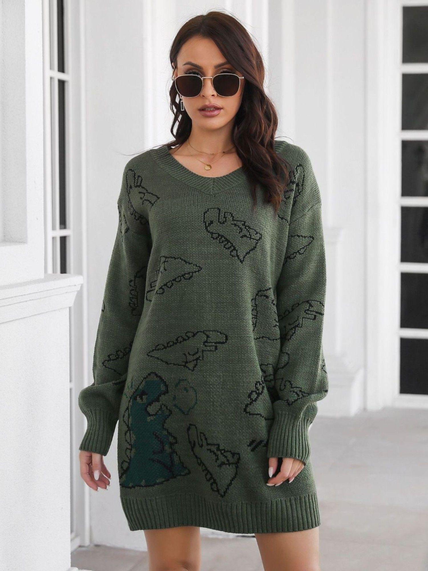 olive cute dinosaur cartoon jacquard v-neck long sleeves sweater dress