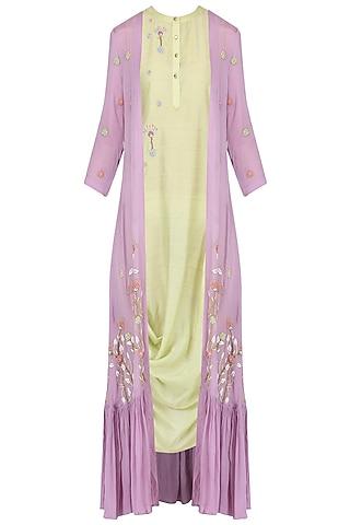 olive drape dress with lilac embroidered cape