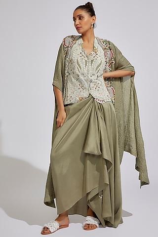 olive dupion embroidered cape set