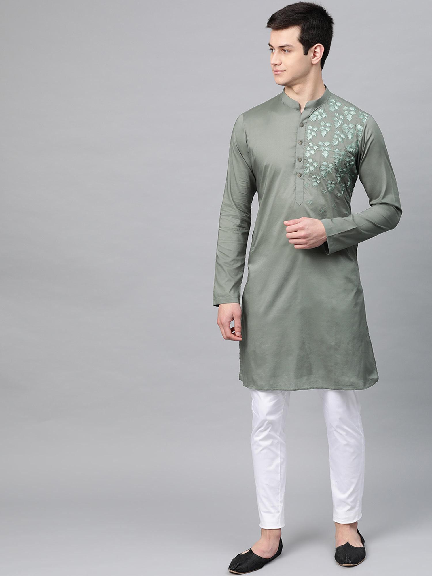 olive embroidered 1 kurta & 1 pyjama