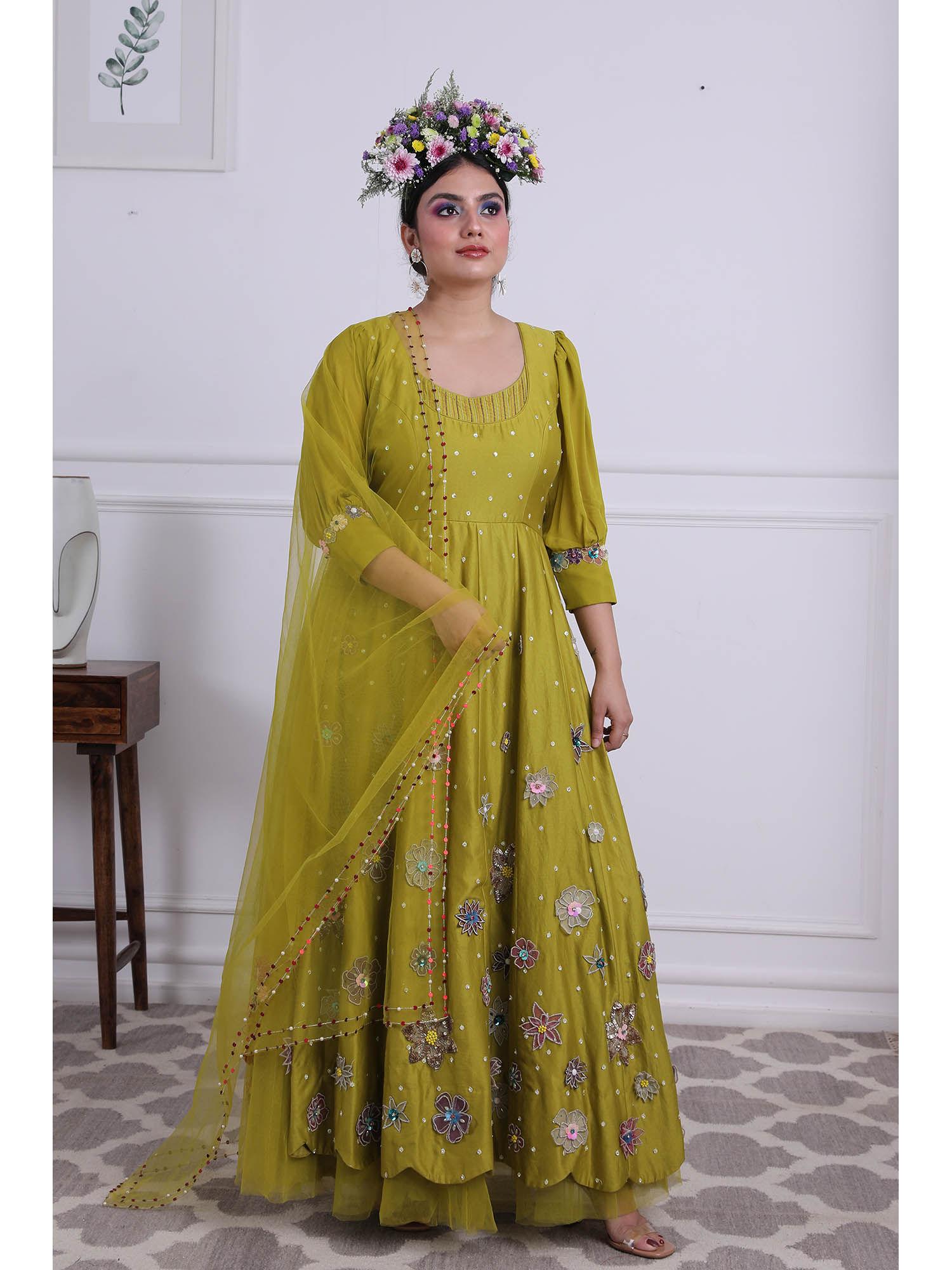 olive embroidered anarkali kurta and dupatta (set of 2)