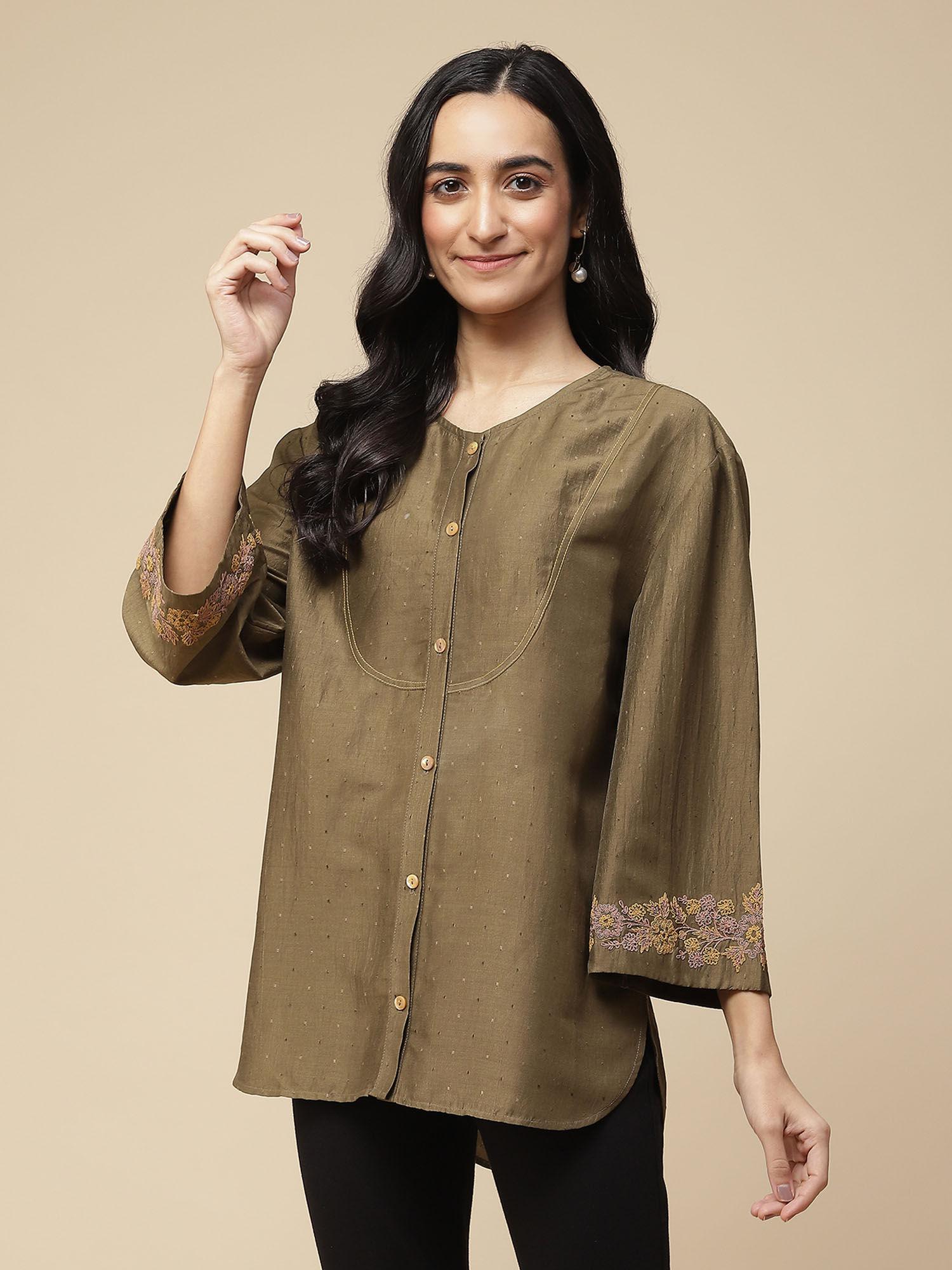 olive embroidered button down kurti