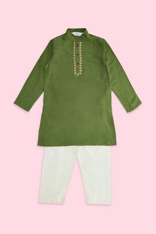 olive embroidered ethnic mandarin full sleeves calf-length boys regular fit pant kurta set