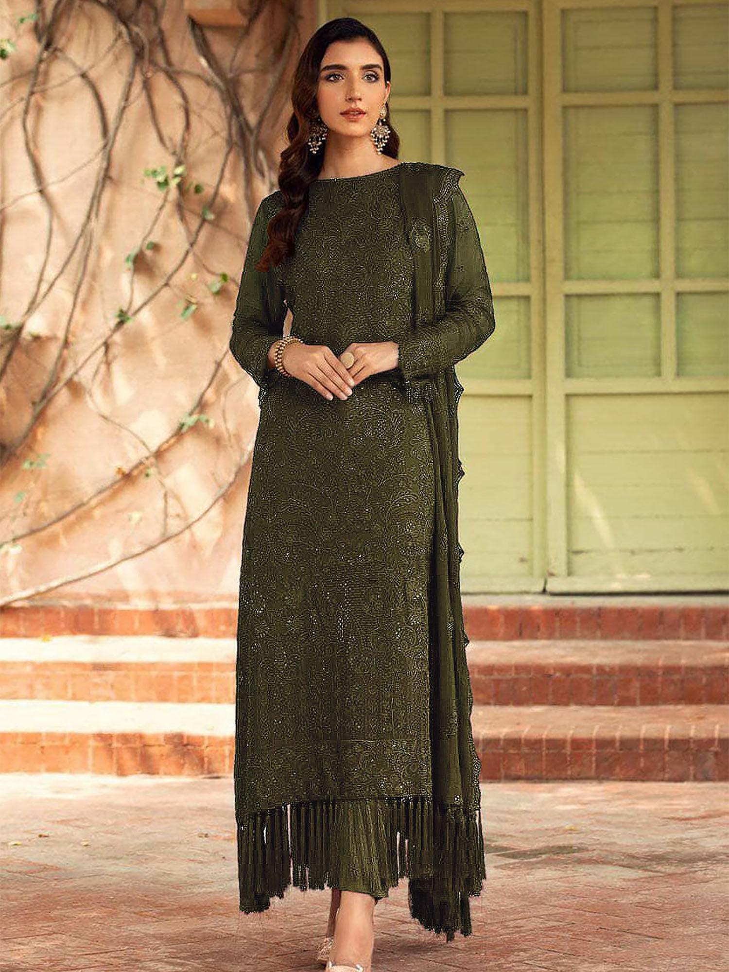 olive embroidered georgette semi stitched dress material (set of 3)