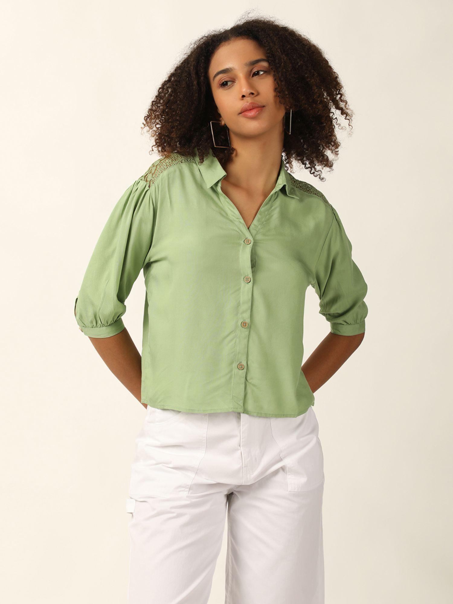 olive embroidered half sleeves shirt