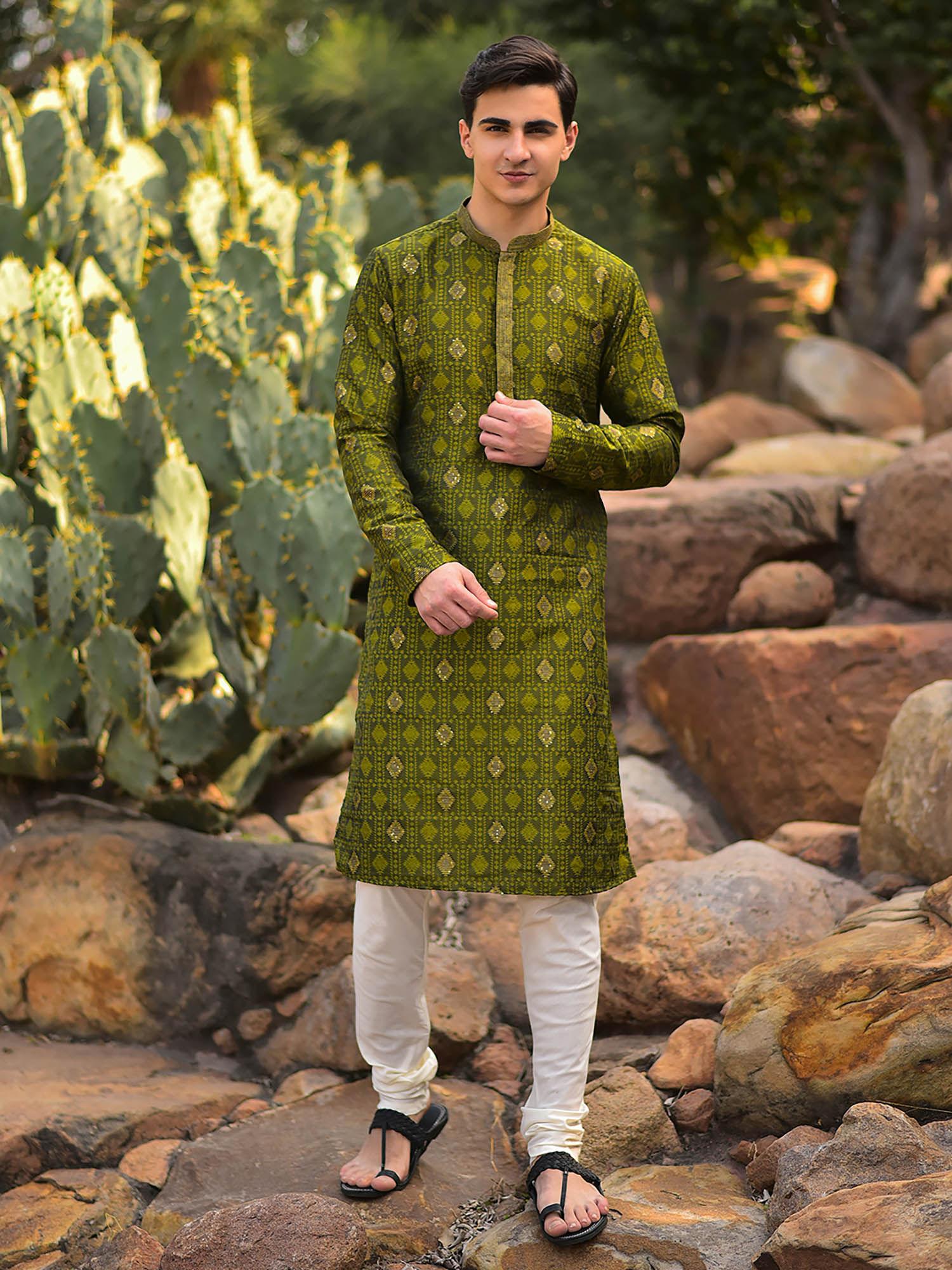 olive embroidered kurta with churidar (set of 2)