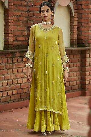 olive embroidered layered tunic set