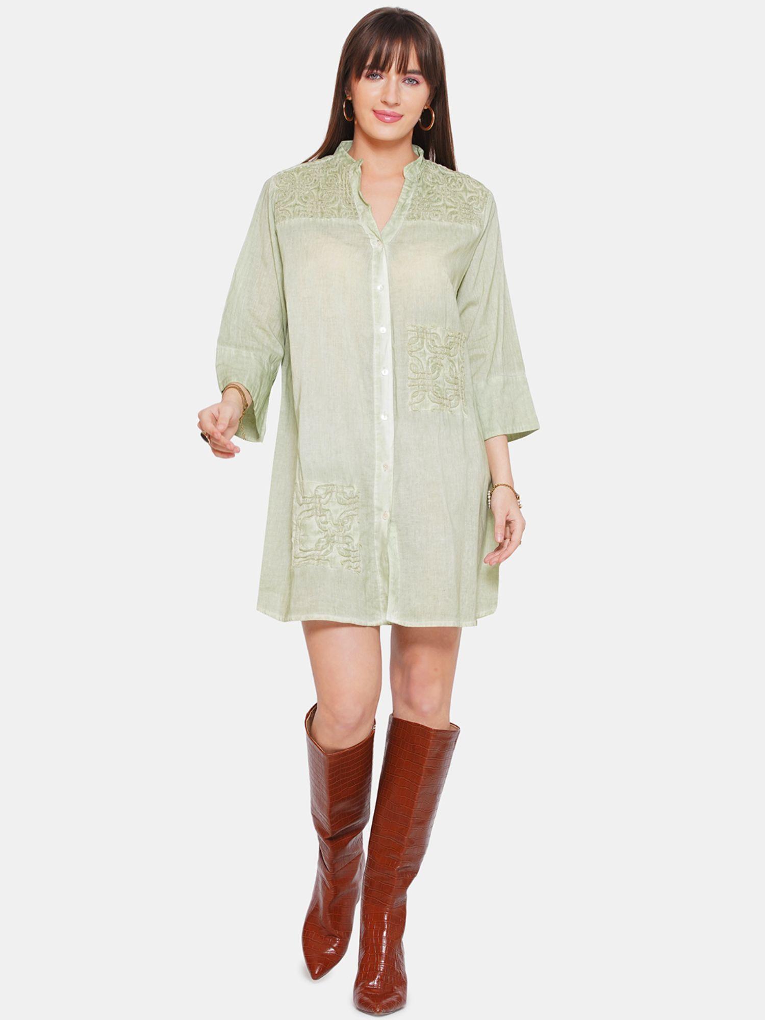 olive embroidered shirt dress