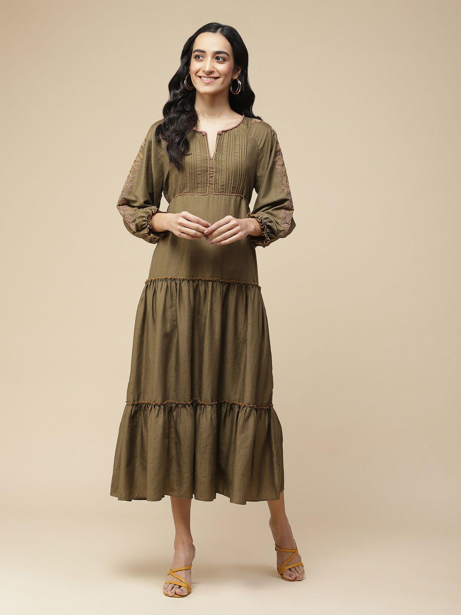 olive embroidered tiered midi dress