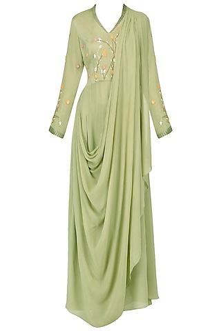 olive embroidered victorain drape kurta with pants