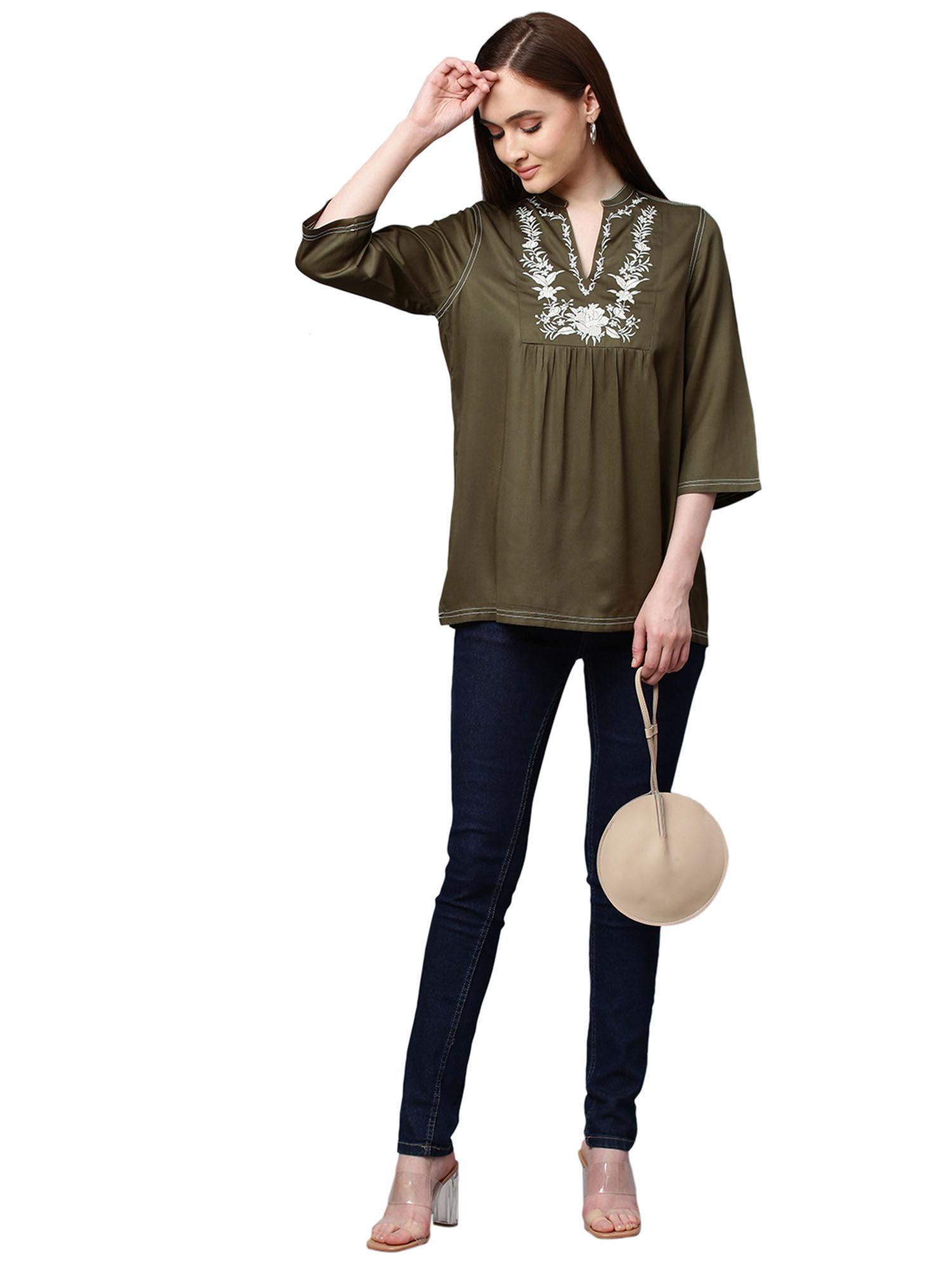 olive embroidered viscose twill kurta