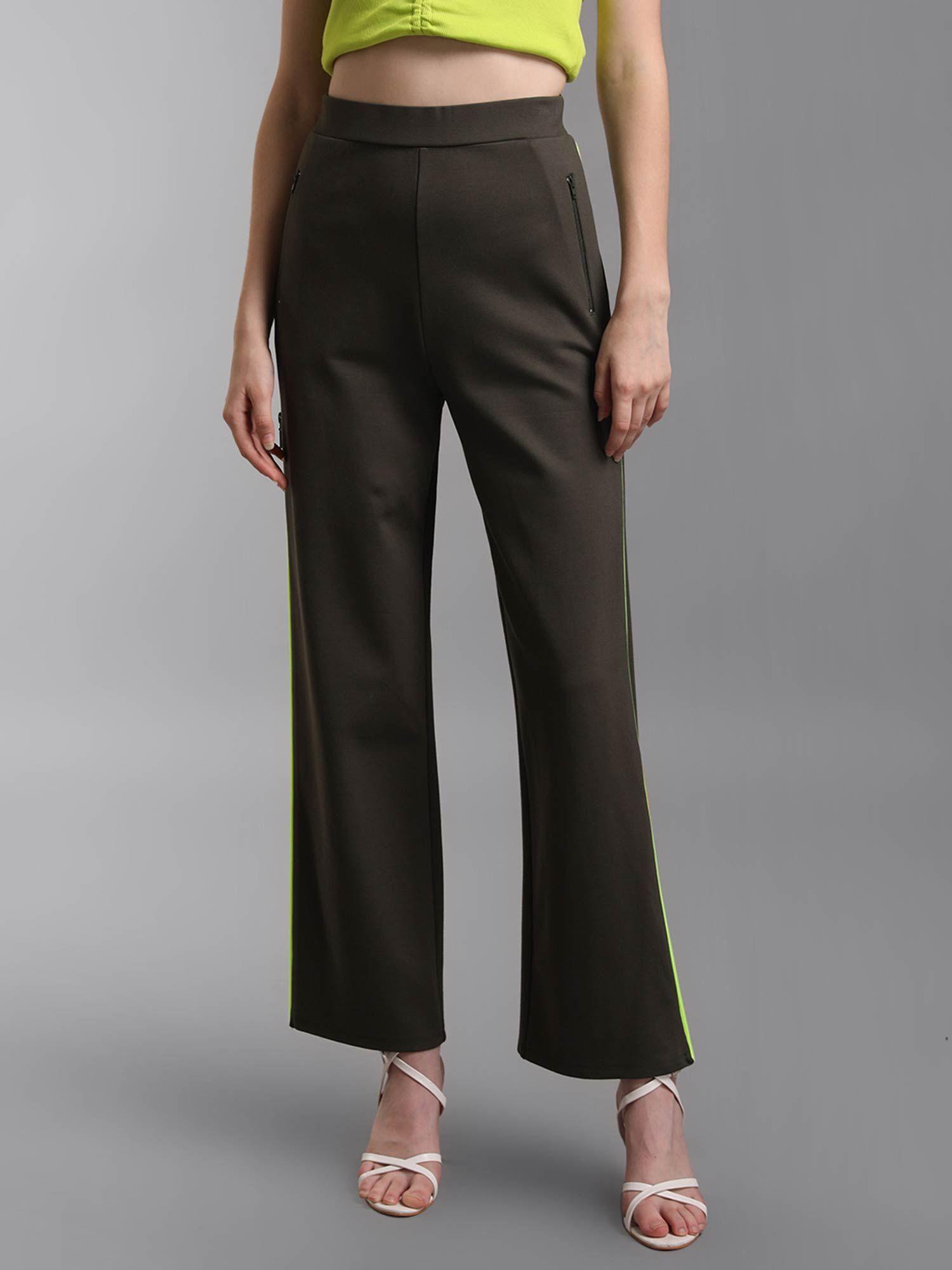 olive flared pants with zipper detail