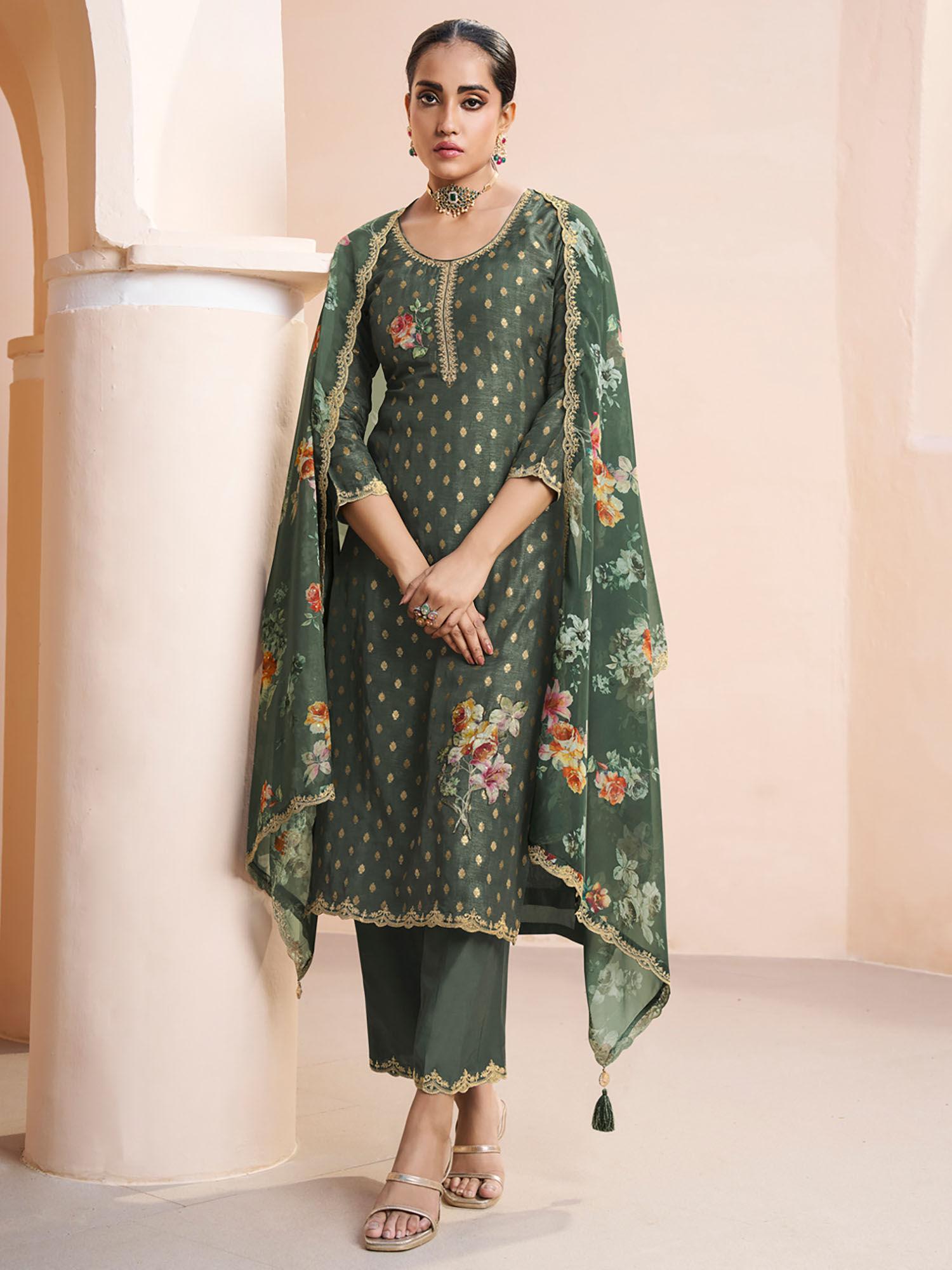 olive floral applique jacquard kurta with pant and dupatta (set of 3)