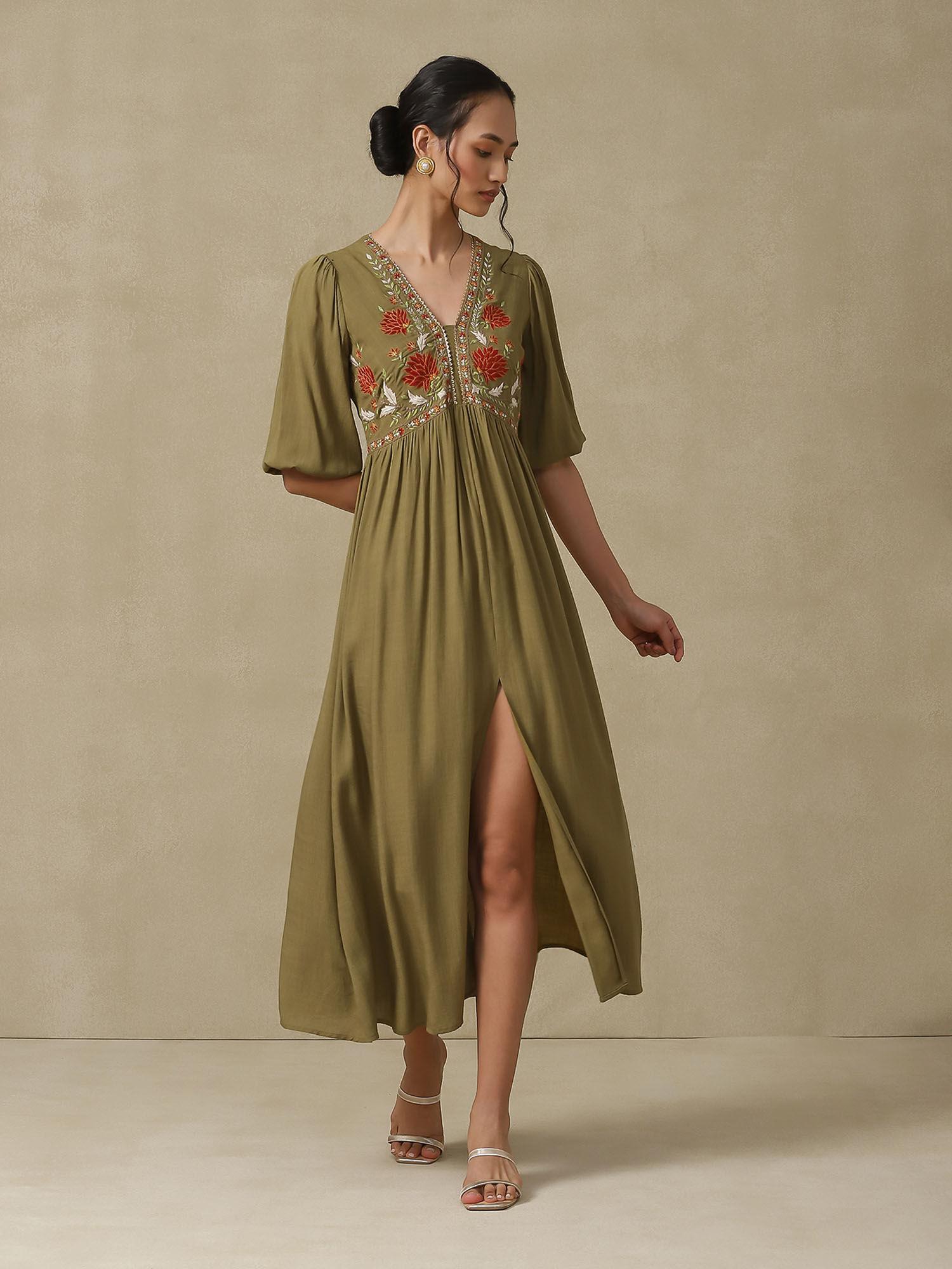 olive floral embroidered midi dress