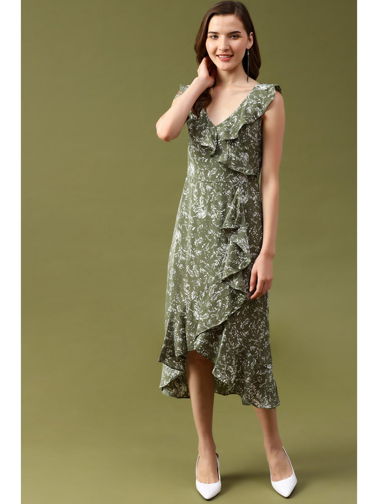 olive floral georgette midi dress