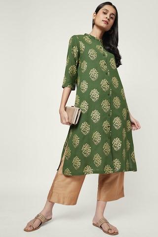 olive floral print casual mandarin 3/4th sleeves calf-length women regular fit kurta