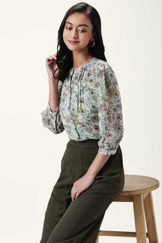 olive floral printed casual 3/4th sleeves slit neck women comfort fit shirt