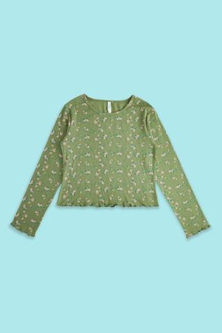 olive floral printed casual full sleeves round neck girls regular fit t-shirt