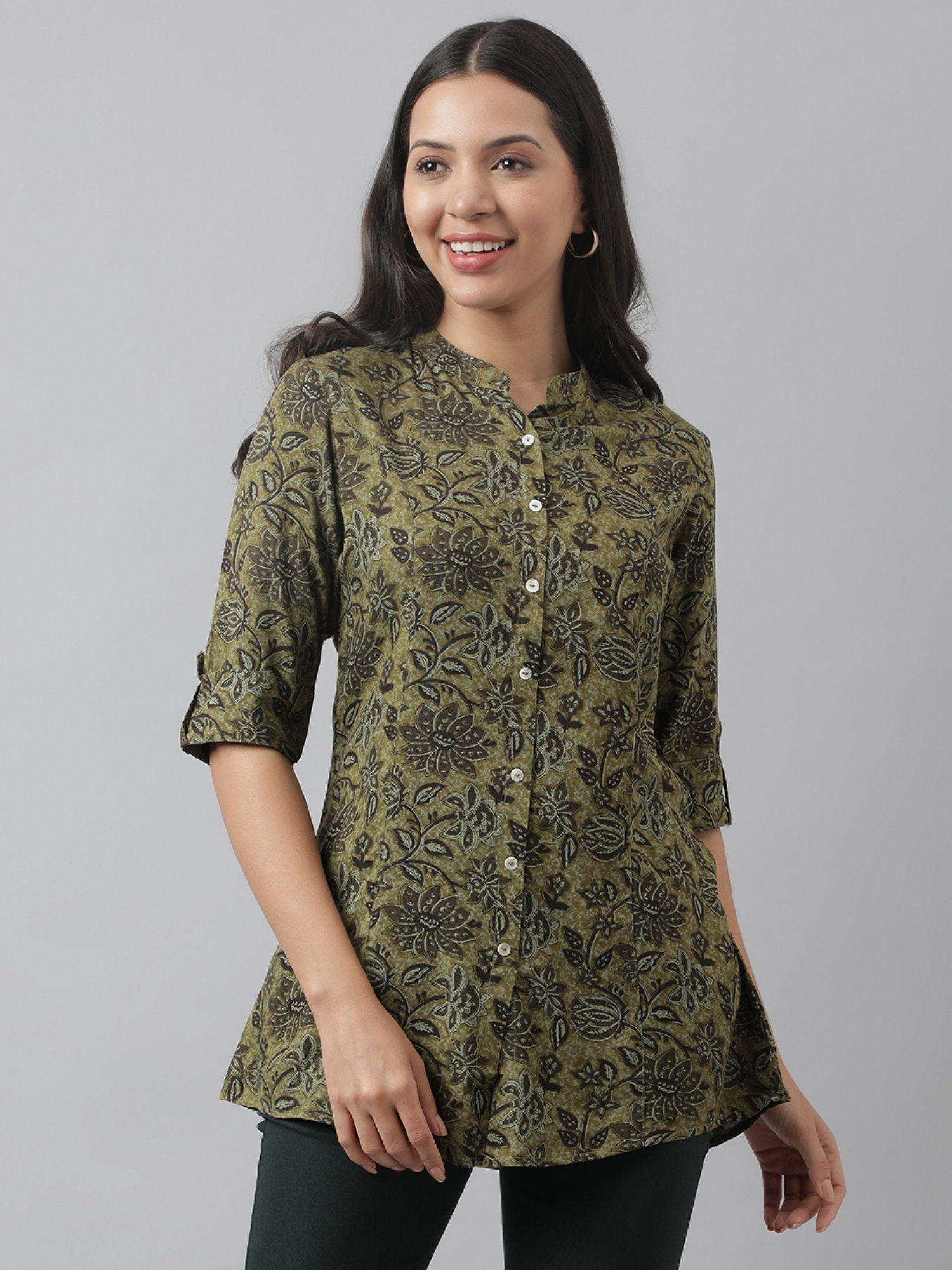 olive floral printed rayon a-line shirt style top