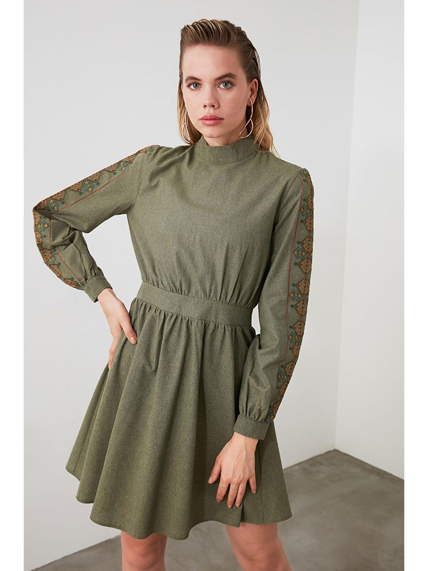 olive full sleeves pleated mini dress